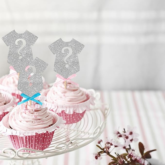 Rsstarxi 24 Pack Gender Reveal Cupcake Toppers Pink or Blue Bow Tie Boy or Gir Cupcake Picks Decorations for Baby Shower Gender Reveal Party Cake Decorations Silver