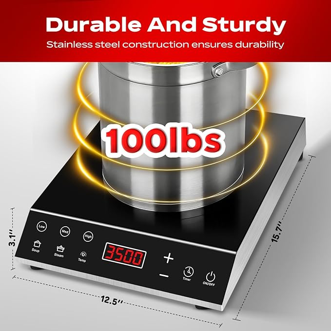 3500W Commercial Induction Cooktop, 220V Countertop Burner with 10 Power Levels, 5 Quick-Temp Modes, Timer & LED Display, Portable Induction Hot Plate for Restaurant Kitchen Hotel Catering