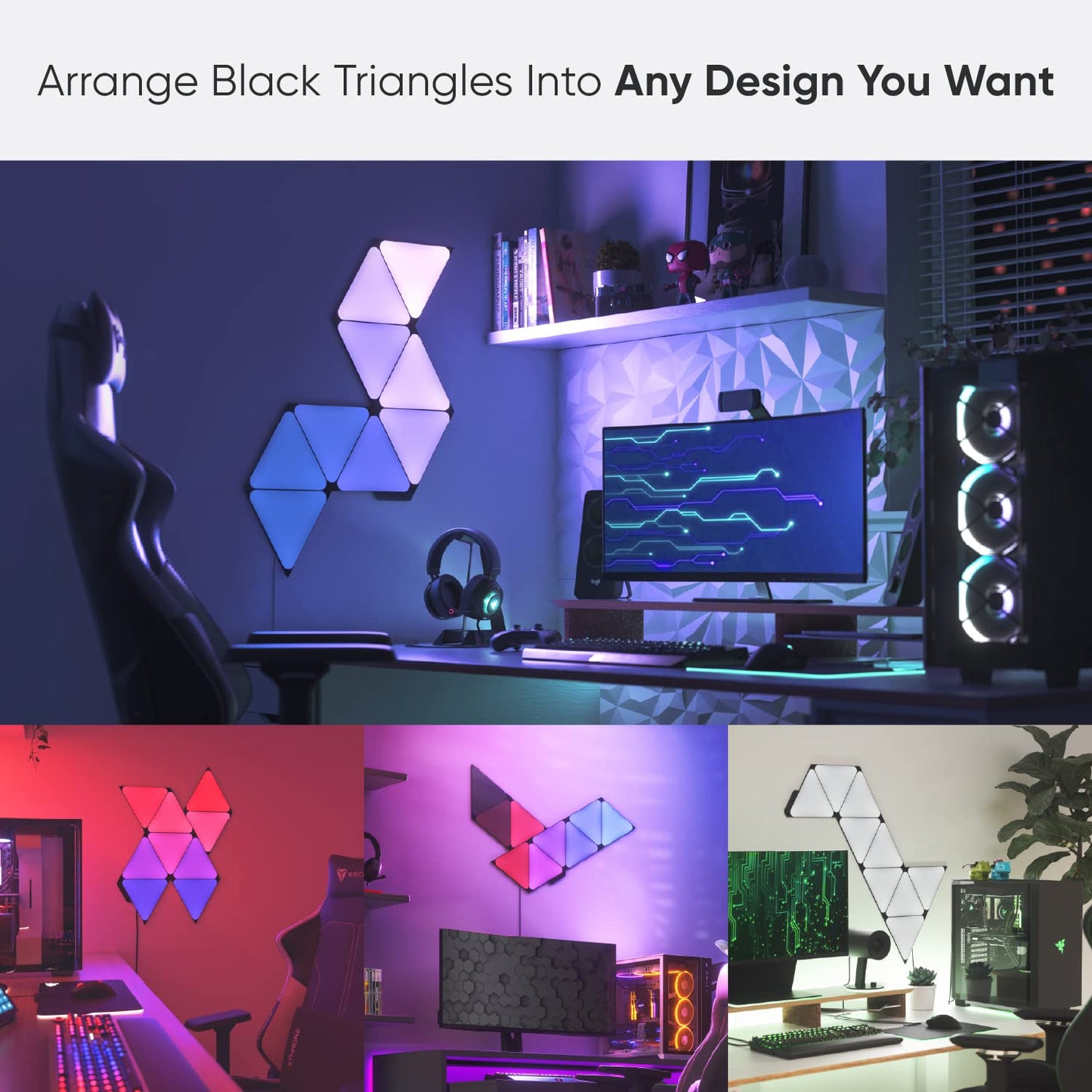 Nanoleaf Shapes Smart RGBW LED Wall Lights, 16M+ Colors, Dimmable, 9 Pack, Black Triangles, Model NL47-0103TW-9PK