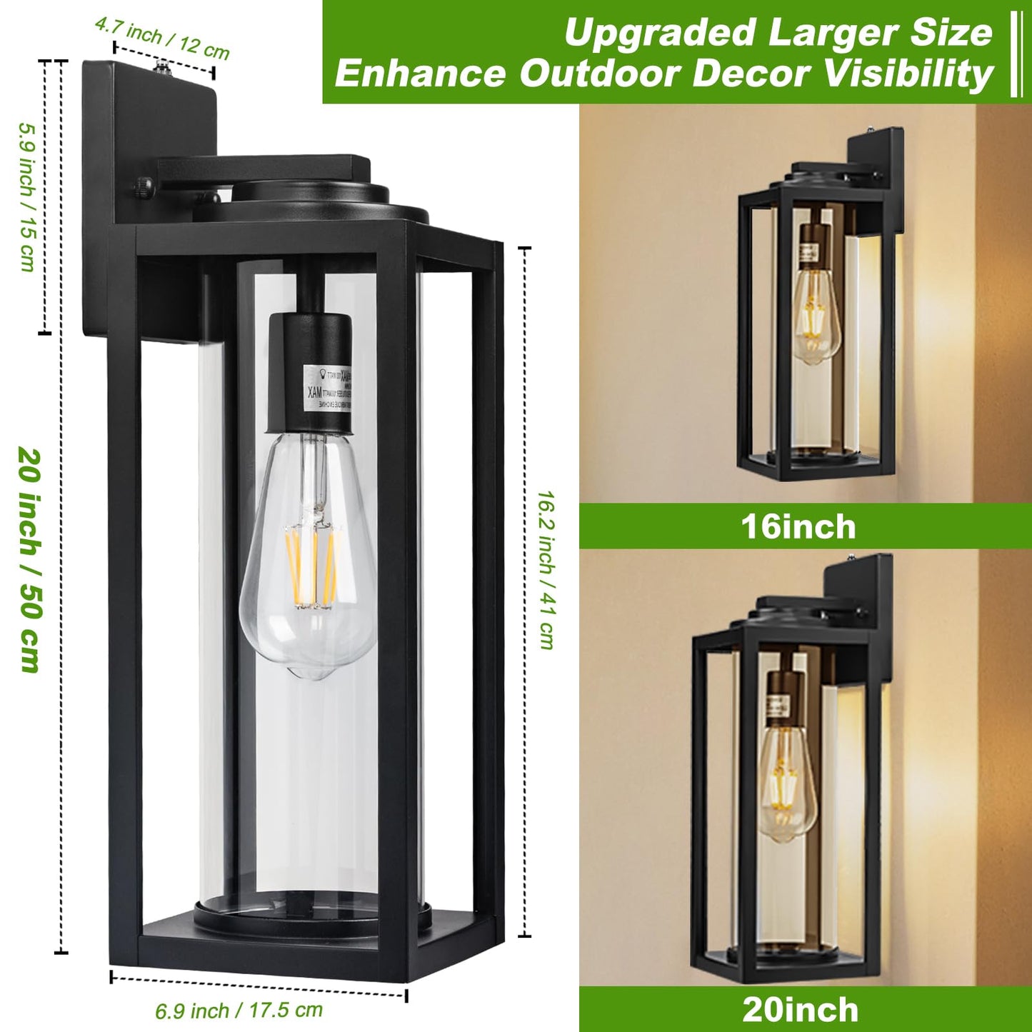 Filiyano 20Inch Dusk To Dawn Outdoor Wall Light Fixtures - 2 Packs Large Exterior Waterproof Lighting  Modern Porch Sconces Wall Mounted Lighting  Industrial Black Outside Lantern For Front Door