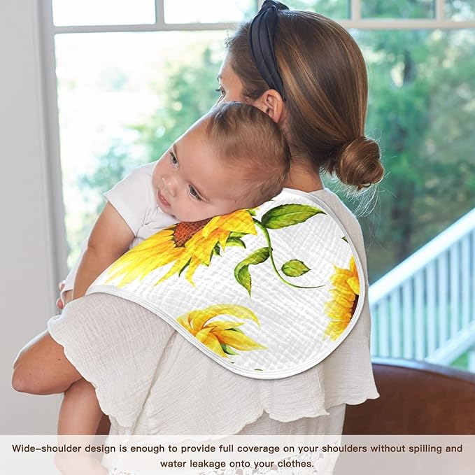 Muslin Baby Burp Cloths Set of 2, Soft Absorbent Big Sunflower Muslin Washcloths, Bibs, Face Towel for Newborn Boys Girls, 22 x 11 Inch
