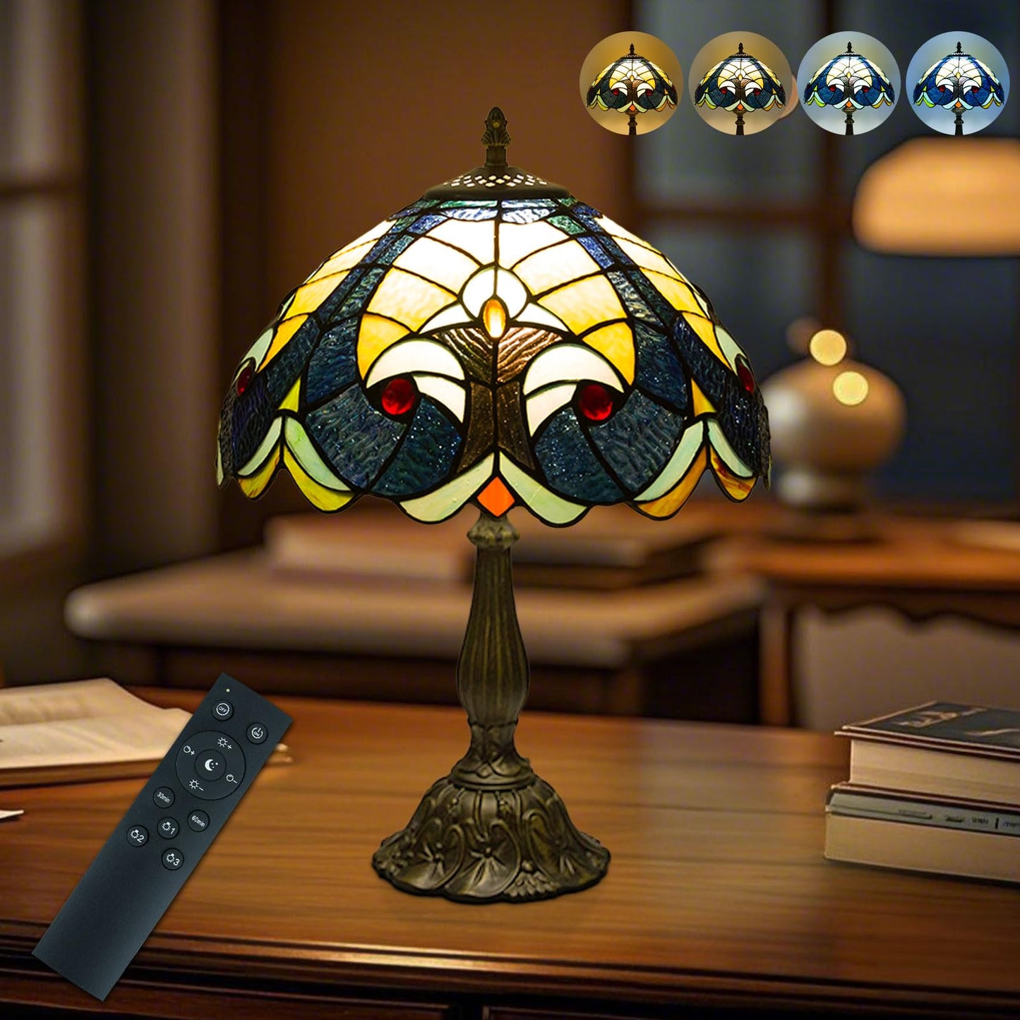 Crefotu 12 Inch Tiffany Table Lamp with Remote Control, Dimmable Colors, Glass, Beige Baroque, Model CFLPUS-004