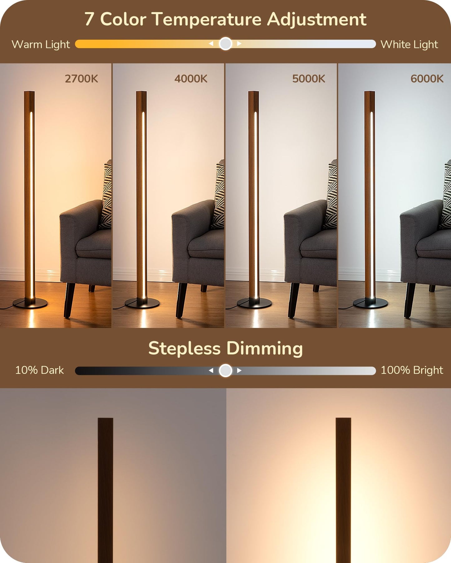 EDISHINE Wood Floor Lamp, Dual-Sided Lighting, Dimmable, Remote/Foot Control, Walnut, Model HLFL12A, Light Brown