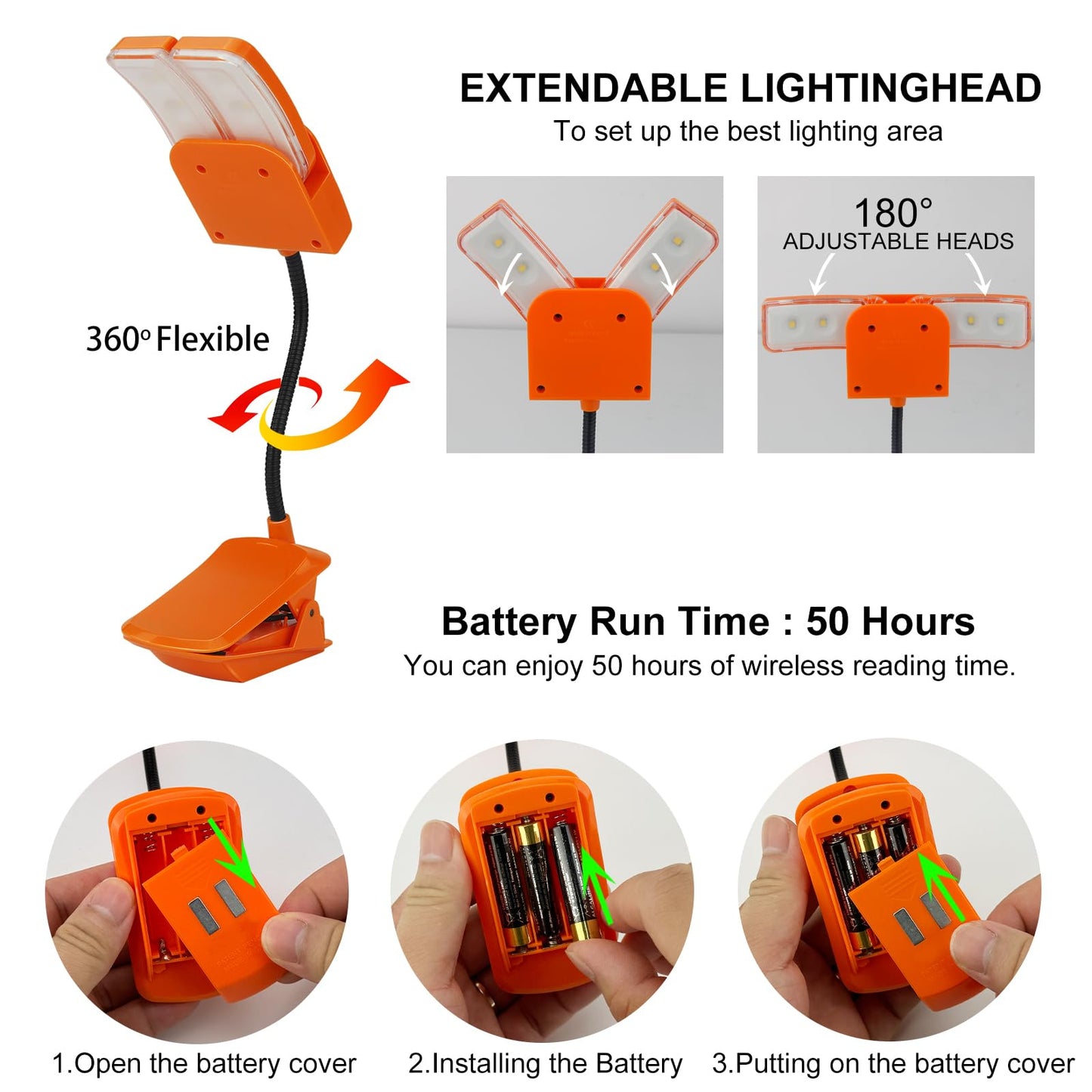 Bigmonat Battery Operated Clip On Light  Dimmable Brightness Eye Care Book Reading Light  360Flexible Gooseneck Night Lighting For Home Office  Reading Study (Orange  2Pack)