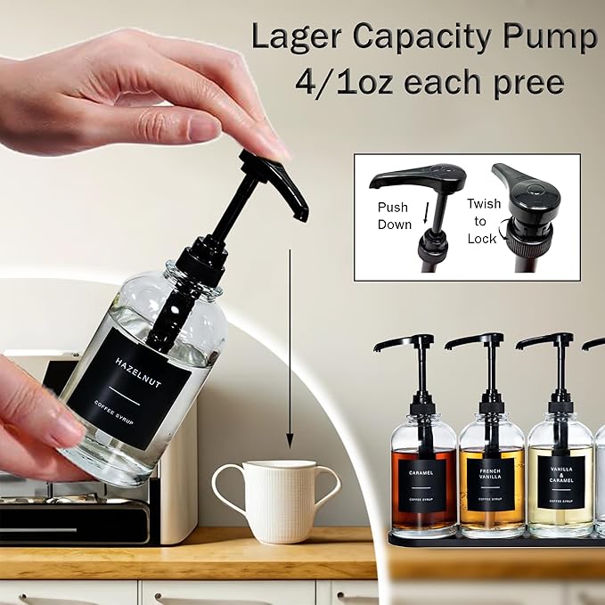 Coffee Syrup Dispenser for Coffee Bar, Glass Syrup Dispenser with 1/4oz Large Capacity Pump, Coffee Syrup Pump Dispenser Bottle for Coffee Station, Coffee Bar Organizer, Black with Tray,16.9oz