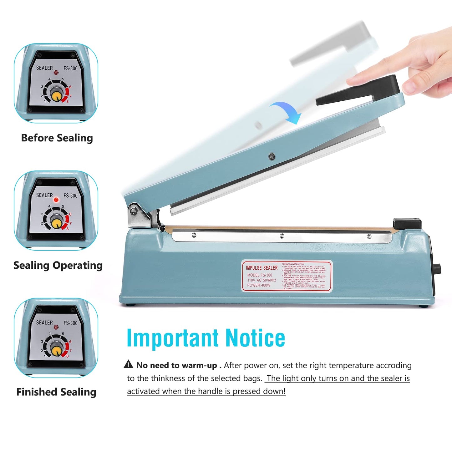 METRONIC Impulse Sealer 12 Inch, Heat Sealer Machine with Repair Kit, Manual Bag Sealer, Heavy Duty Impulse Heat Sealer for Plastic Bags, Shrink Wrap Bag (Blue)