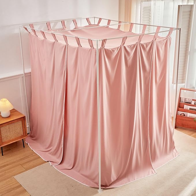 AIKASY Bean Paste Canopy Bed Curtains with Top Ties and Tie Backs for Bedroom Decoration - Queen Size Bed Curtains with Windproof and Lightproof Features