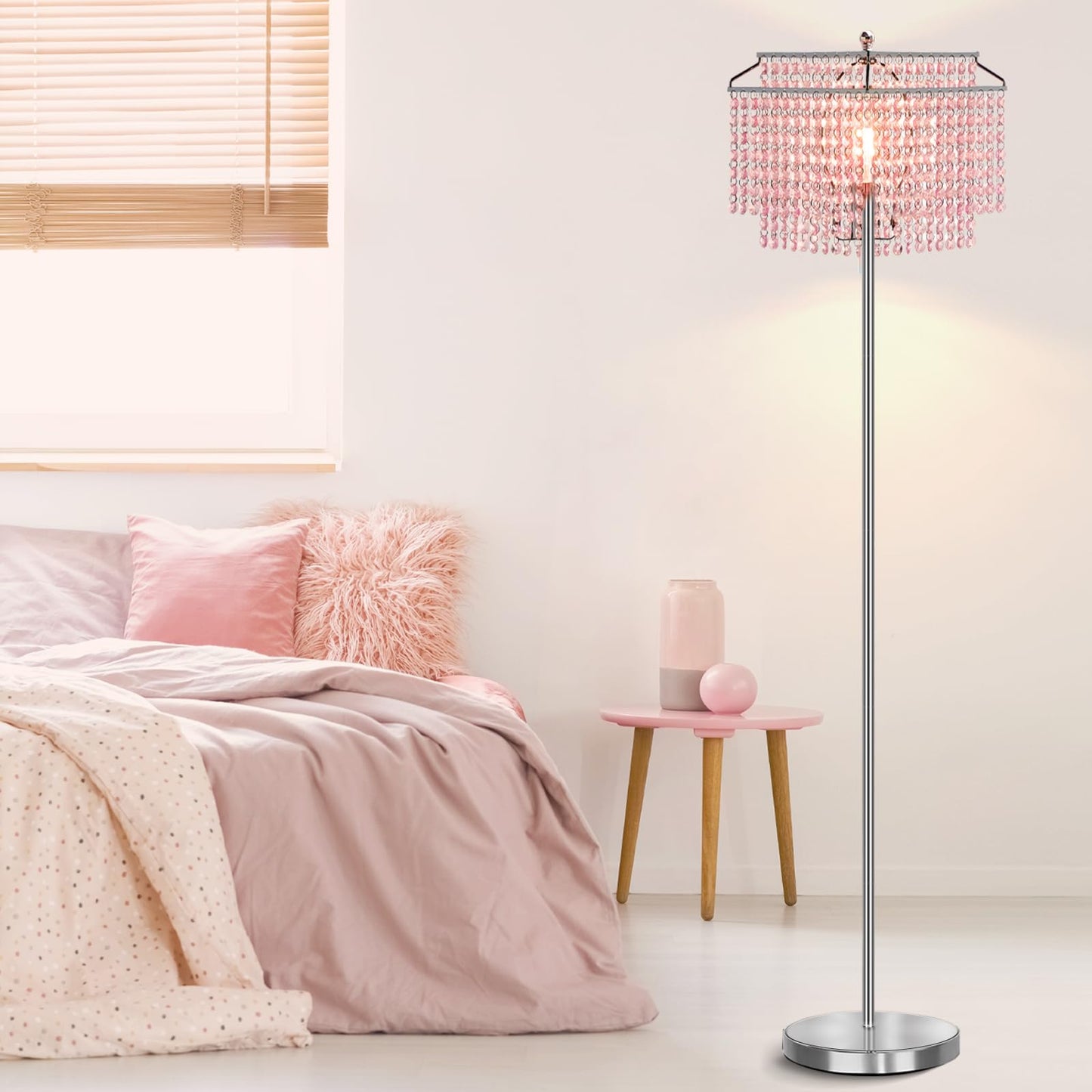 Luvkczc Pink Crystal Floor Lamp, 64 Tall Metal Standing Lamp With Double-Layer Lampshade, On/Off Foot Switch For Living Room And Office
