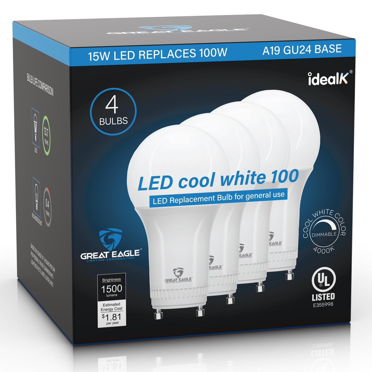 Great Eagle Gu24 Led Light Bulb 15W (100W Equiv) Dimmable 4000K Cool White, Ul Listed, 4-Pack