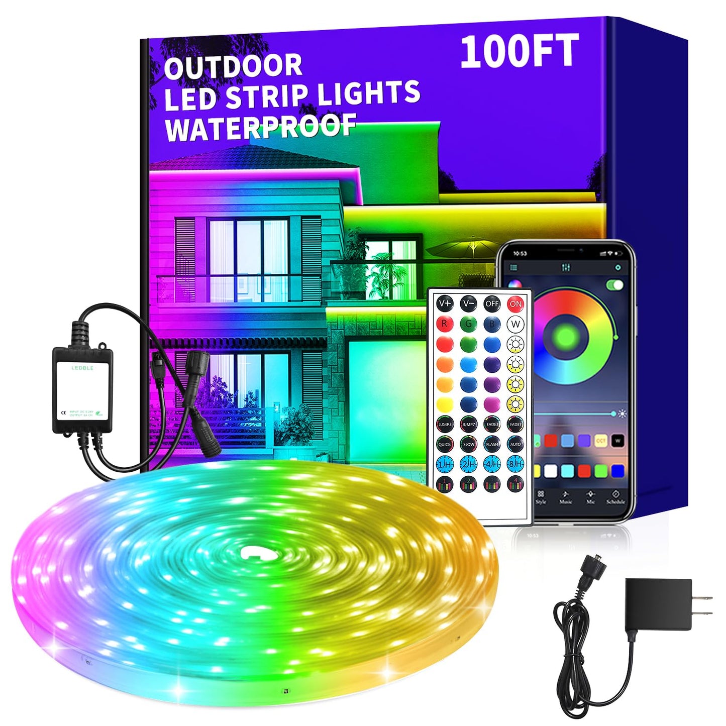 vimeepro 100Ft Outdoor Waterproof LED Strip Lights, RGB Color Changing, IP68, App & Remote Control, Model vimeepro-ledFS100FT02
