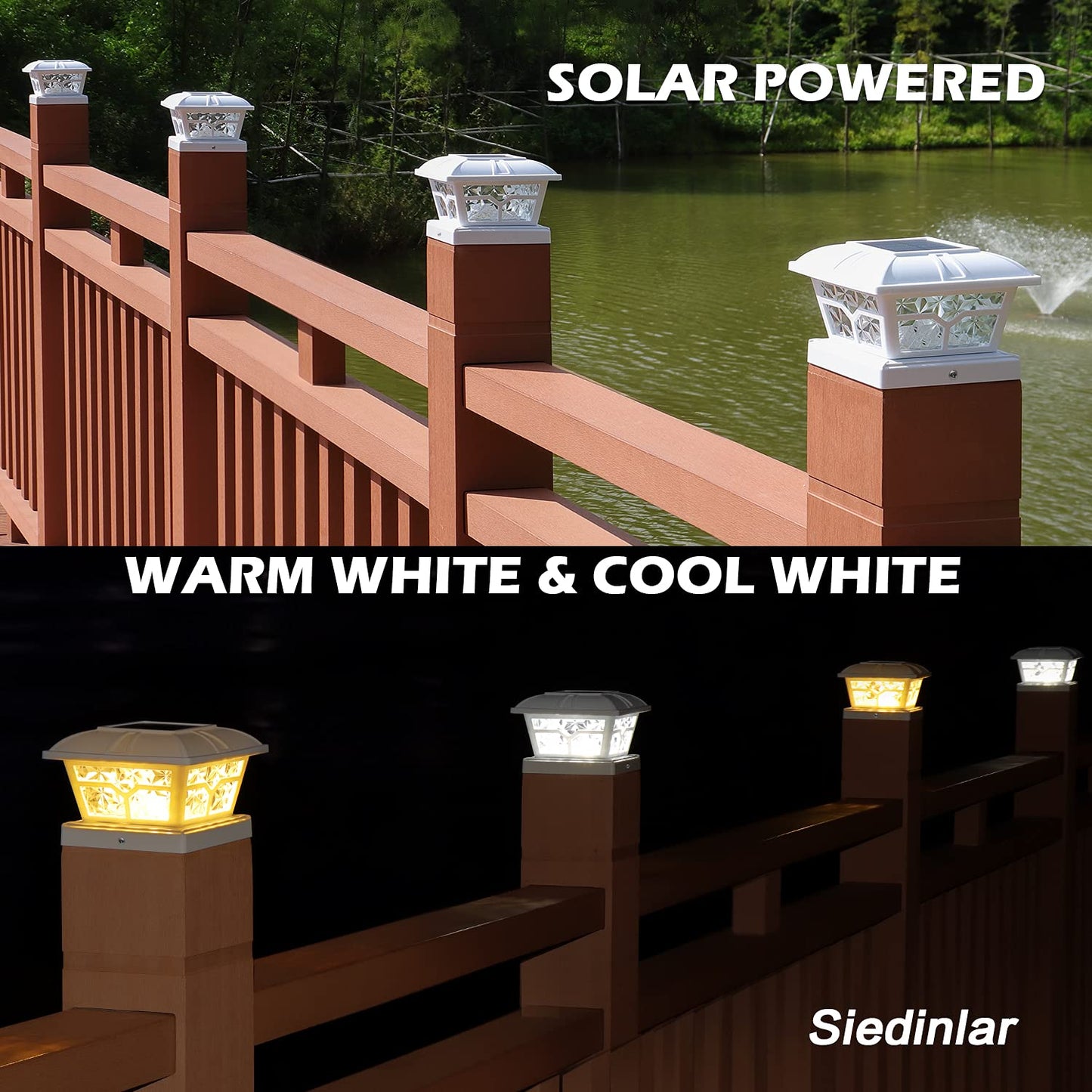 SIEDiNLAR Solar Post Cap Lights, 8 LEDs, 2 Color Modes, Plastic, 6 Pack, White, Model SD020W-6PK