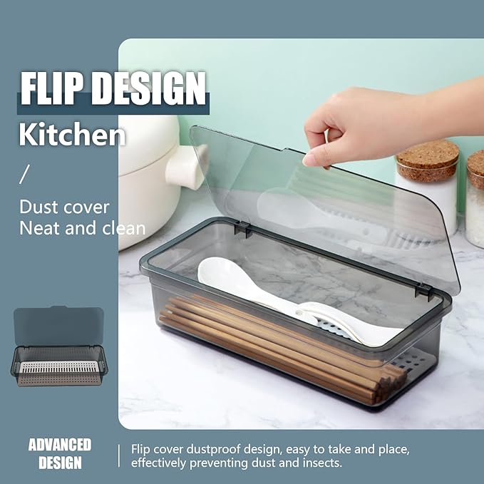 SUNSHNO 3PCS Flatware Tray with Lid and Drainer, Tableware Utensil and Cutlery Drawer Organizer with Lid Covered Silverware Tray to Keeps Your Cutlery Organized and Protected