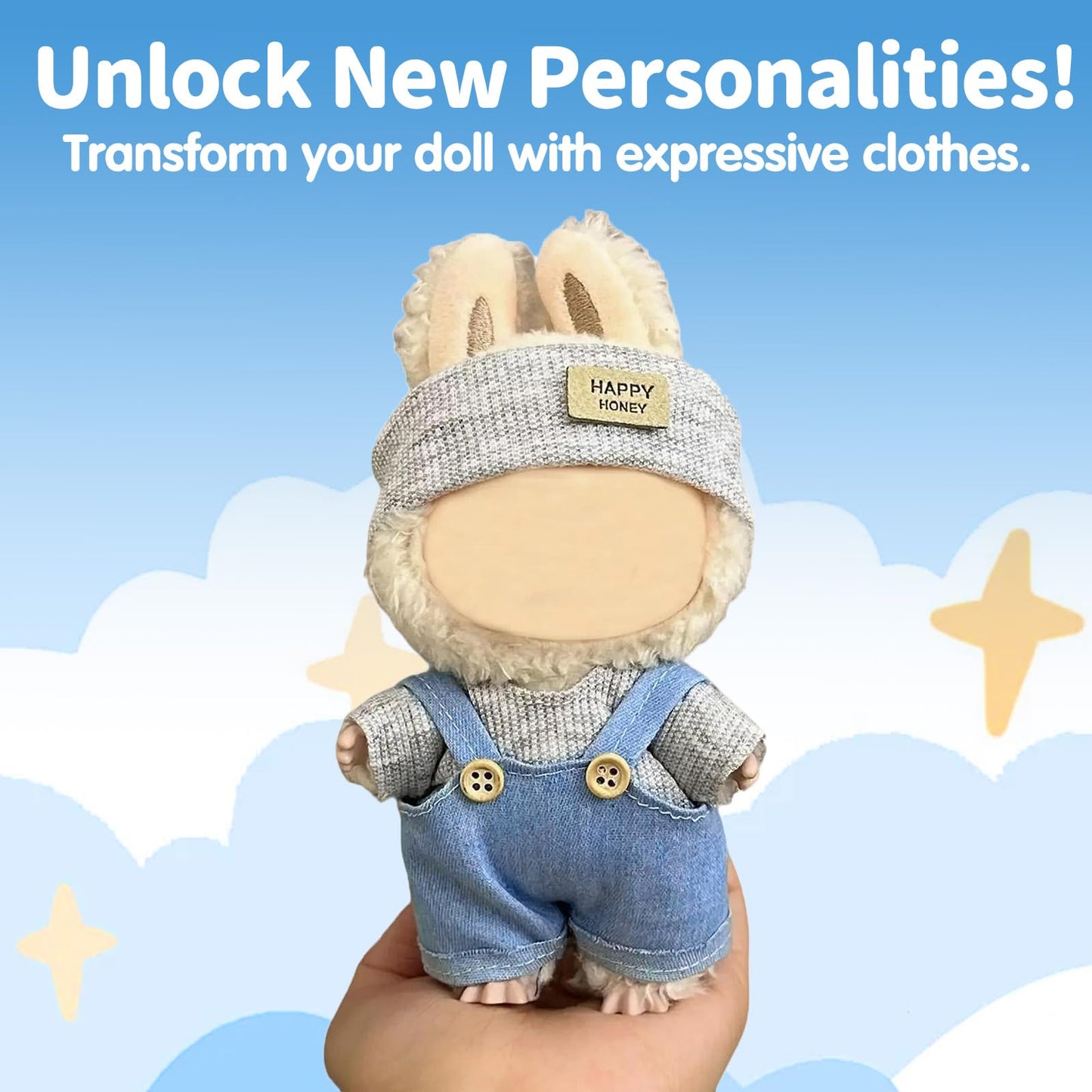 17cm Doll Clothes(NO Doll), Cute Dolls Outfit Accessories with Hat + Sweater + Suspenders Pants, Small Kawaii Clothes Set for Dolls(Style 5)