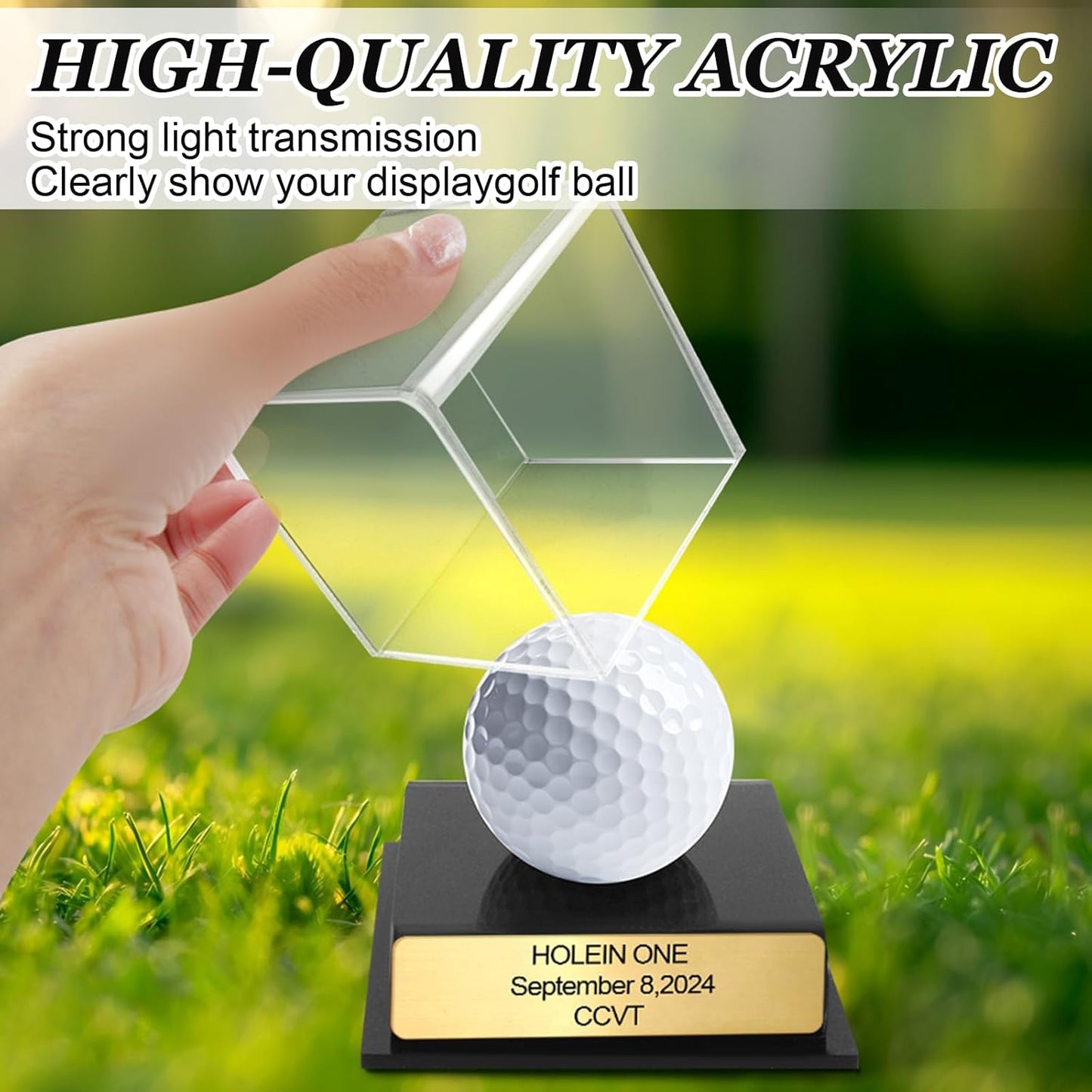 Custom Golf Hole-in-One Display Case, Acrylic Golf Ball Display Case, Custom Engraved Plaque, Commemorate Your Hole in One Shot (Silver)