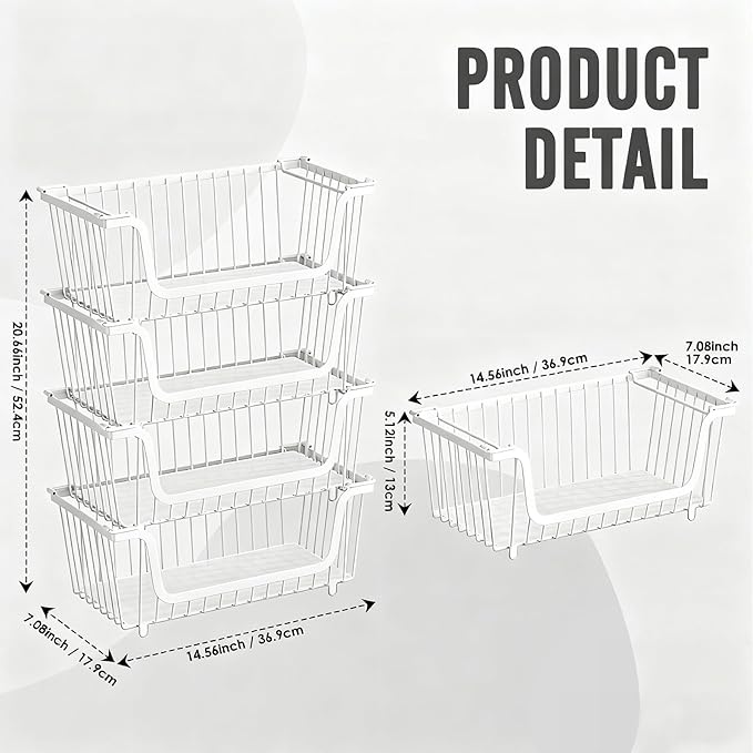 4 Pcs Stackable Wire Baskets for Pantry Organizers and Storage,Vegetable Fruit Basket for Countertop,Kitchen Storage Metal Baskets,Produce Potato Onion Storage Bin,White