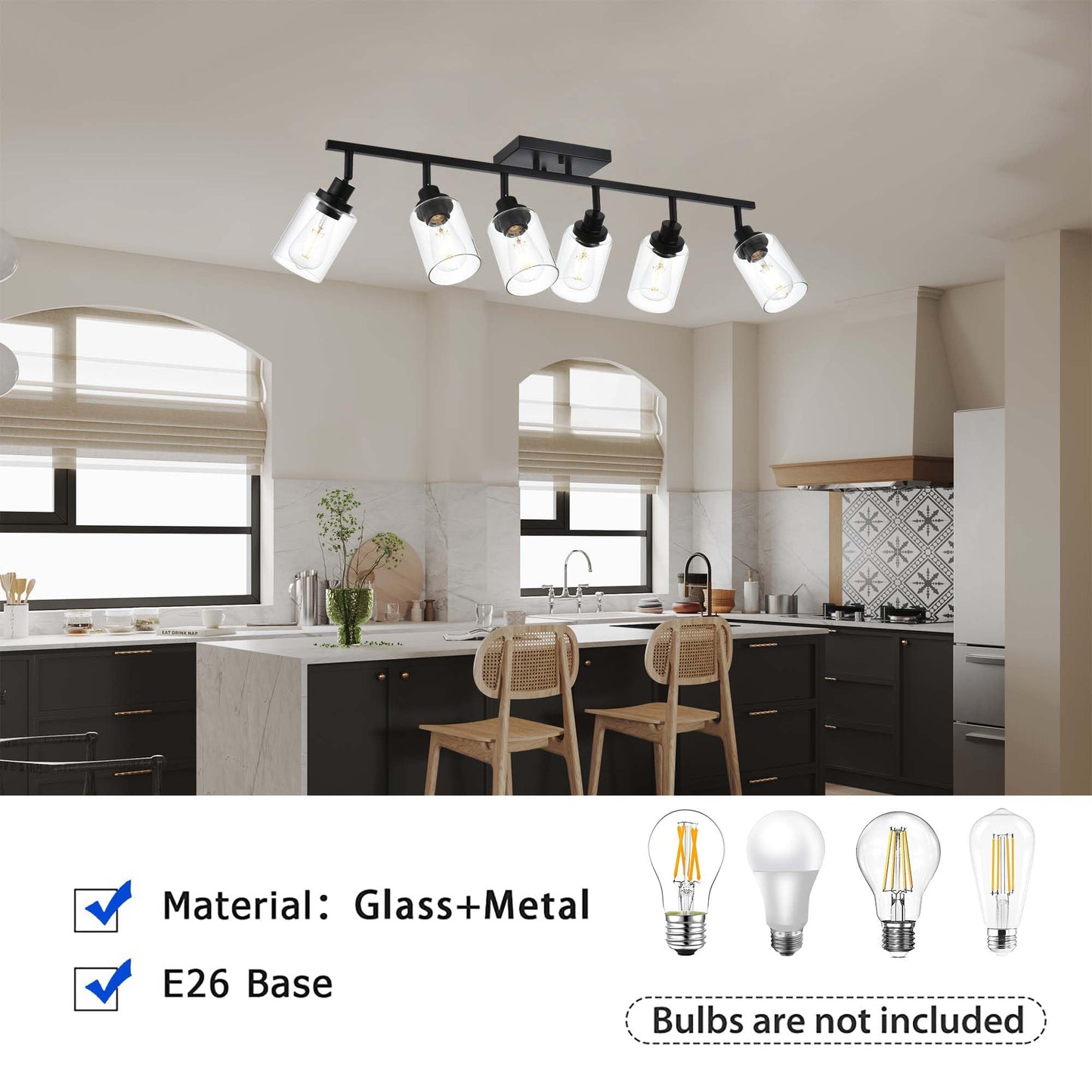Wanluce 6-Light Track Lighting Kit Black Track Lighting Fixtures Bathroom Wall Sconces Ceiling Mount Kitchen Tracking Lights  Rotatable Spotlight With Clear Glass Shade For Kitchen Shop Hallway