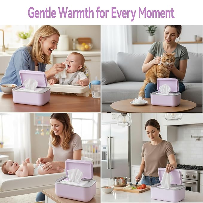 Chefhandy Wipe Warmer with Adjustable Temperature, Silent Heating & Large Capacity | Constant Warmth for Baby or Adult Wipes, Purple