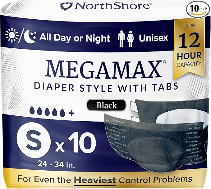 NorthShore MegaMax Adult Overnight Diapers, 12-Hour Tab-Style, Small, 10 Count Bag, Black, 24-34 inches, Unisex Incontinence Underwear