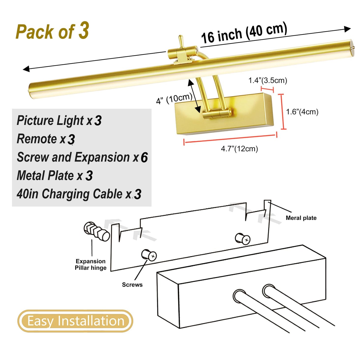 Yuichoy 3 Pack Picture Light Battery Operated For Wall  16 Wireless Display Art Lighting For discomfort-reducingting With Remote  Dimmable 5200Mah Library Light  Gold Picture Frame Lights For Gallery