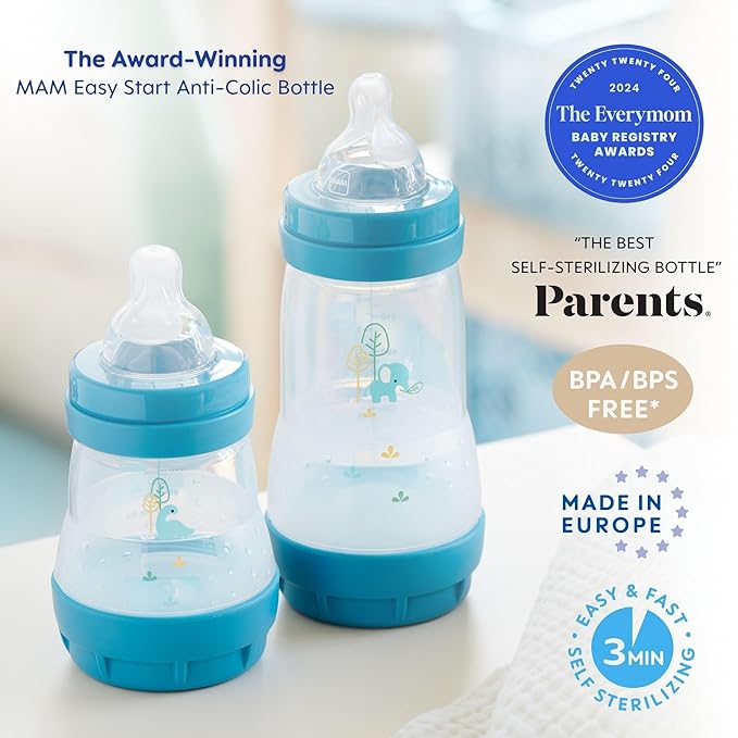 MAM Easy Start Anti-Colic Baby Bottle 5oz, Slow Flow, Breastfeeding-Like Silicone Nipple Bottle, Reduces Colic, Gas, & Reflux, Easy-to-Clean, BPA-Free, Vented Baby Bottles for Newborns, 0-3 Months