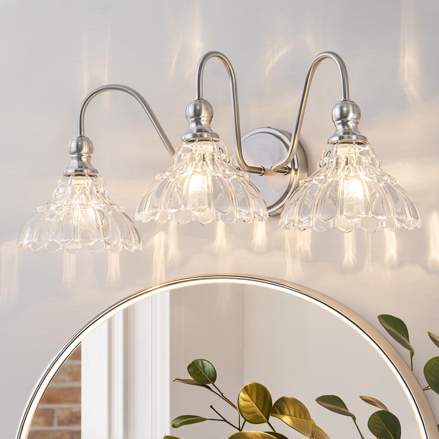 Brknit Vintage Bathroom Light Fixtures Over Mirror  3-Light Brushed Nickel Wall Sconce Lighting With Flower Glass Shade  Farmhouse Vanity Lights For Bedroom Kitchen Living Room Hallway Light