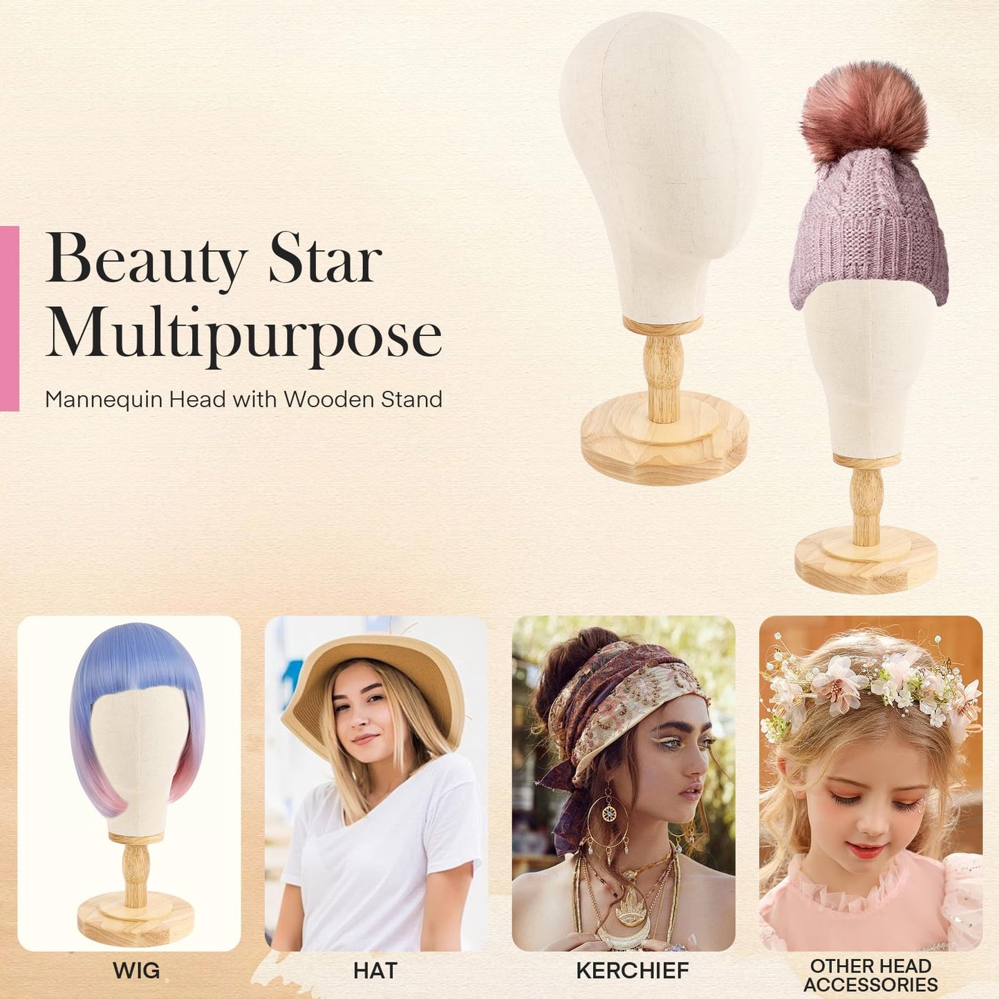 Beauty Star Wig Stand, 22inch Mannequin Head for Wigs with Detachable Strong Wood Base, Canvas Block Wig Head Holder Rack Ideal