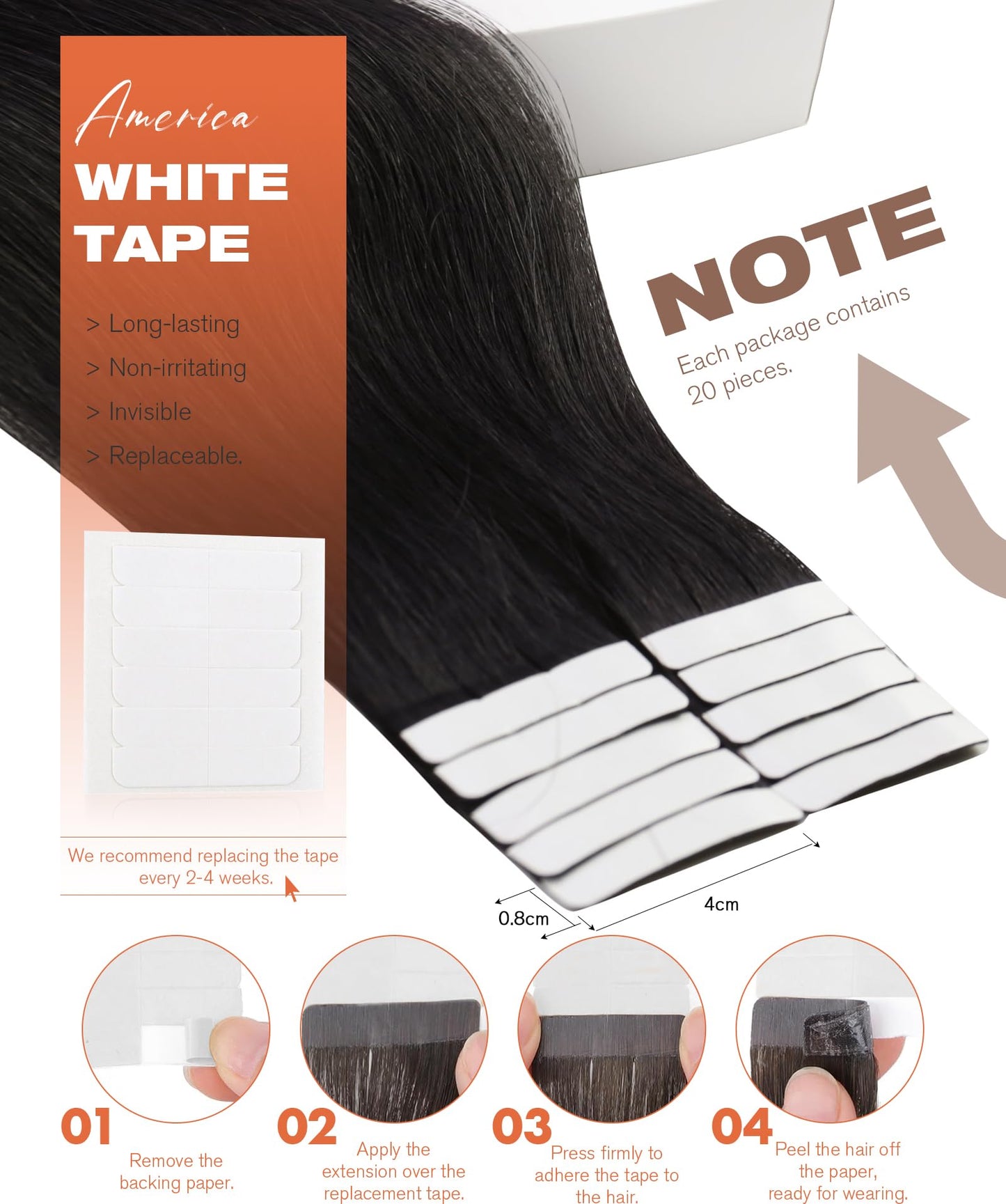 Sunny Hair Tape in Hair Extensions Real Human Hair Invisible Remy Hair Extensions Tape ins for Women Natural Black 16 inch 20Pcs