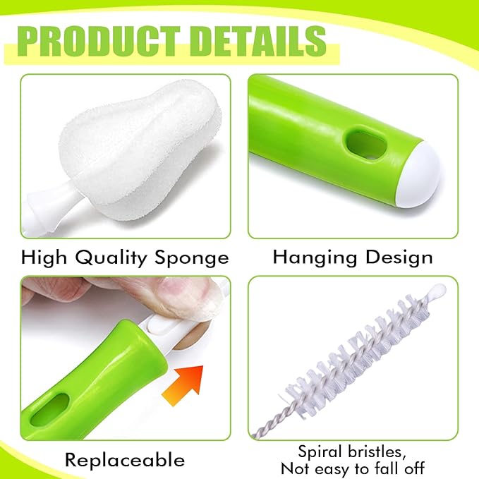INVODA 12 Piece Sponge Nipple Bottle Brushes, Baby Bottle Brush with 4 Nipple Cleaner, 4 Replacement Heads and 4 Straw Brushes (White)