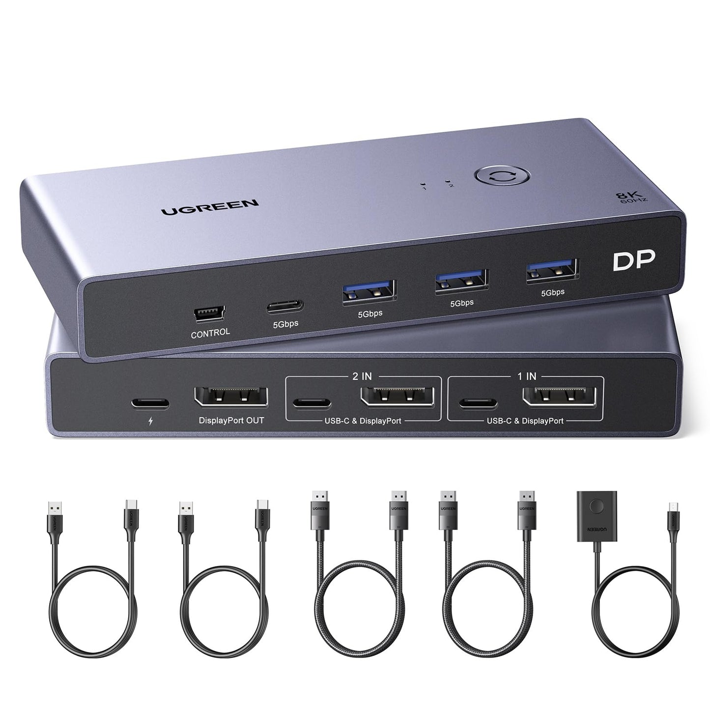 UGREEN 8K Displayport KVM Switch 2 in 1 Out DP1.4 with 4 USB 3.0 Ports(3 USB-A + 1 USB-C) Support 8K@60Hz 4K@240Hz Share 1 Monitor Keyboard Mouse U-Disk Printer, with 2 DP Cables, 2 USB A to C Cables