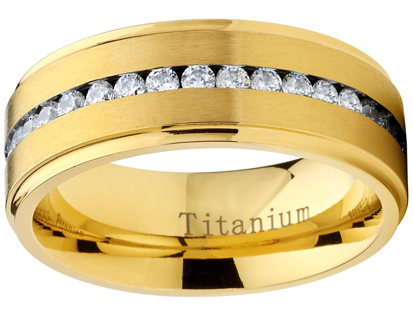 Metal Masters GoldTone Titanium Men's Eternity Wedding Band Ring with Cubic Zirconia CZ, Comfort Fit 8mm SZ 12
