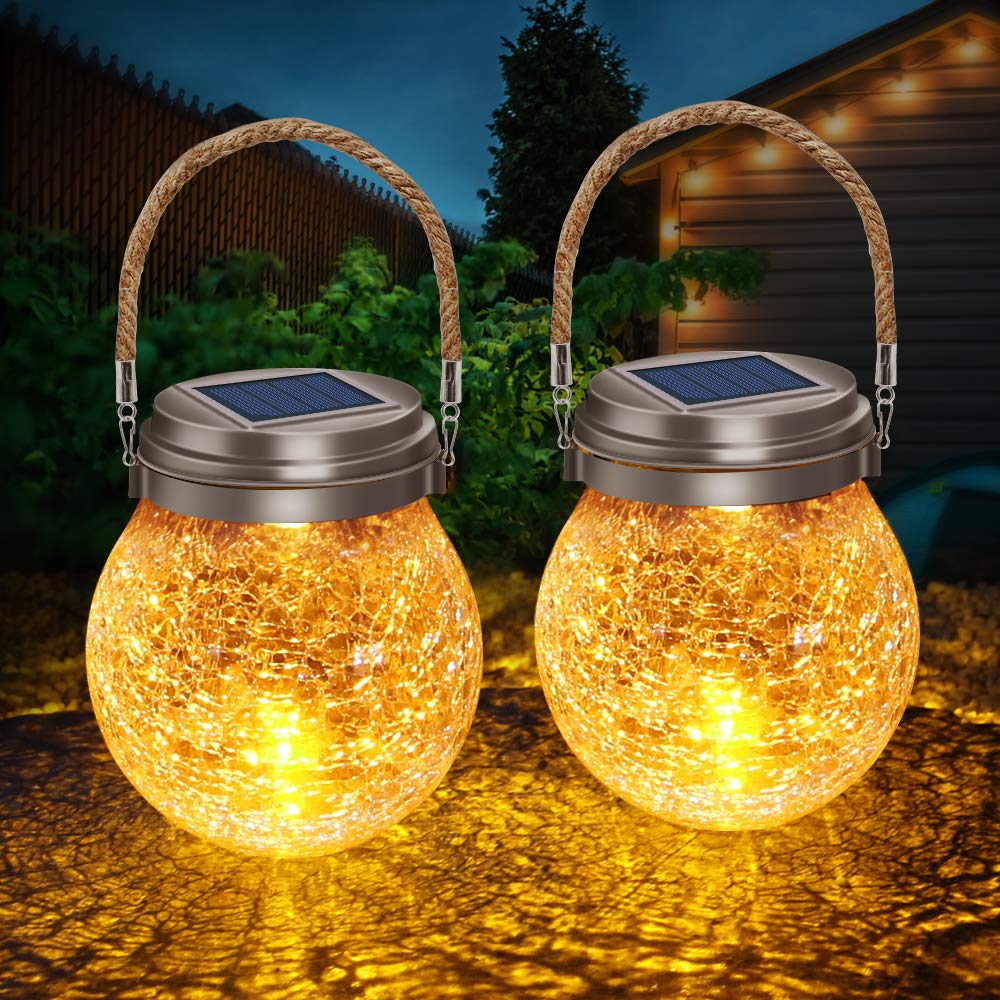 Dbf Solar Lanterns - Amber Warm 2-Pack  le Glass Ball, Waterproof Hanging Patio Lights, Stainless Steel Decor