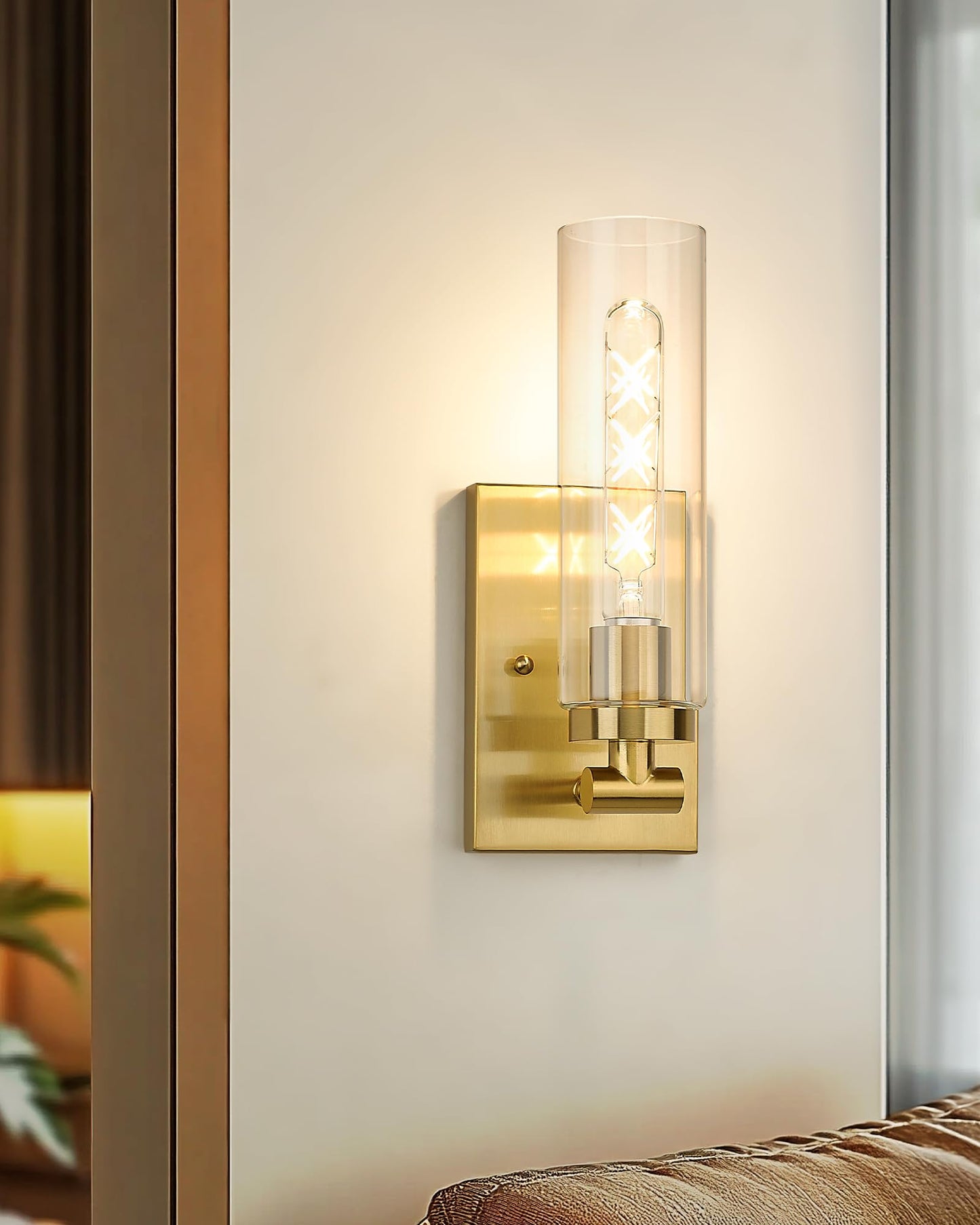 Emak Wall Sconces Set Of Two  Modern Brushed Gold Sconce With Clear Glass Shade  Bathroom Lighting Fixtures For Mirror  Living Room  Bedroom  Gallery  Ws086-Bgd-Cg-2Pk