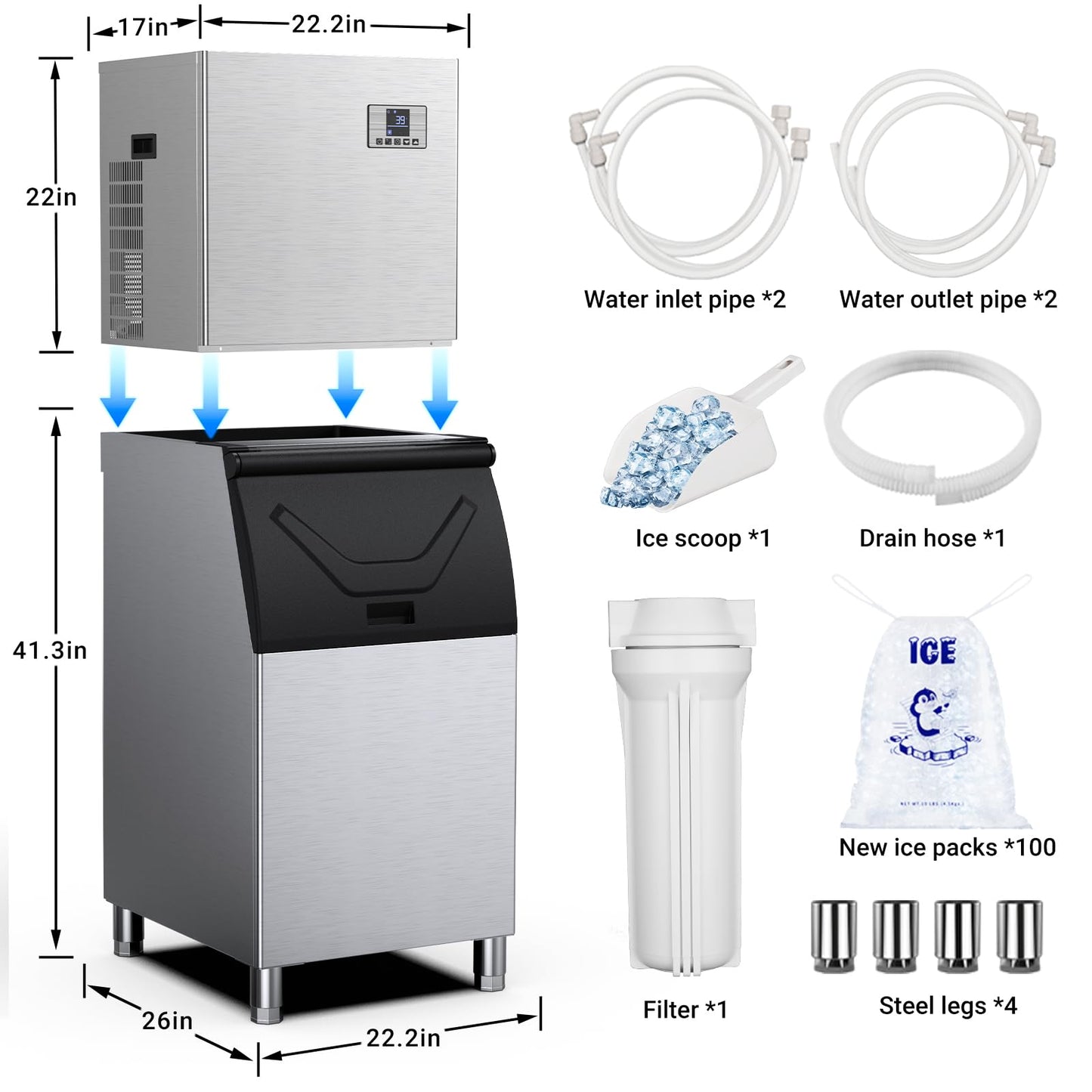 Commercial Ice Machine 680LBS/24H with 560LBS Storage Bin, Large Industrial Ice Maker, Self-Cleaning, Timing Function, 210 Ice Cubes in 5-15min, Adjustable Ice Thicknesses