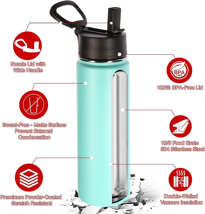 Volhoply 24oz Insulated Water Bottle With Straw Bulk 3 Pack,Metal Wide Mouth Water Bottles With Handle Lid Keep Cold,Reusable Double Wall Thermos,Powder Coated Sport Bottle For Holder(Mint,3 Count)