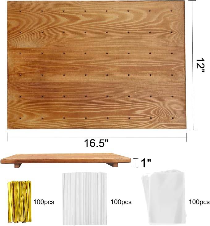 Wood Cake Pop Stand /w 300 Pcs Cake Pop Sticks and Wrappers - 48 Holes Cake Pop Holder Stand for Dessert Table- Lollipop Holder for Birthdays, Baby Shower, Weddings or Any Events.
