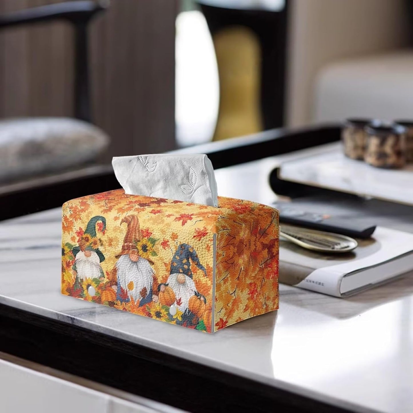 Cute Dwarf Tissue Box Cover Waterproof PU Leather Facial Tissue Holder Thanksgiving Decorative Facial Napkin Organizer with Bottom Belt for Tabletop, Countertop, Night Stands
