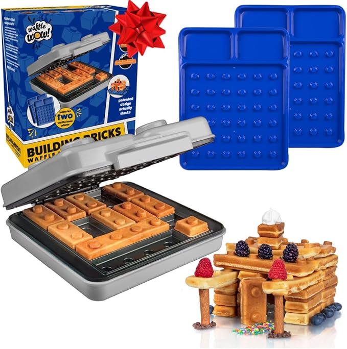 Building Brick Electric Waffle Maker- GREY with 2 Construction Eating Plates- Cook Fun Buildable Gingerbread Man Waffles in Minutes- Revolutionize Breakfast - Stack & Build on Serving Dishes Xmas Gift