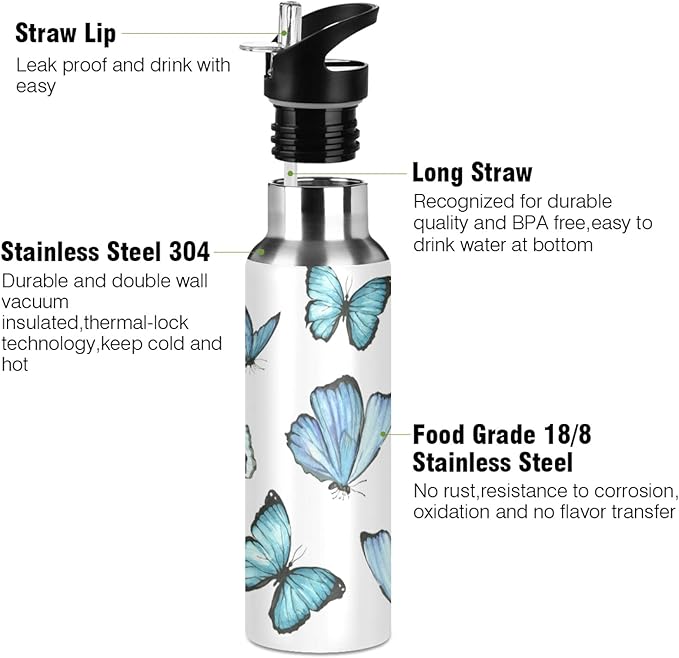 Qilmy Black and White Leopard Water Bottle Vacuum Insulated Stainless Steel Water Bottles with Straw Lid Leakproof Wide Mouth Water Flask for Fitness Outdoor Sports, 20 oz