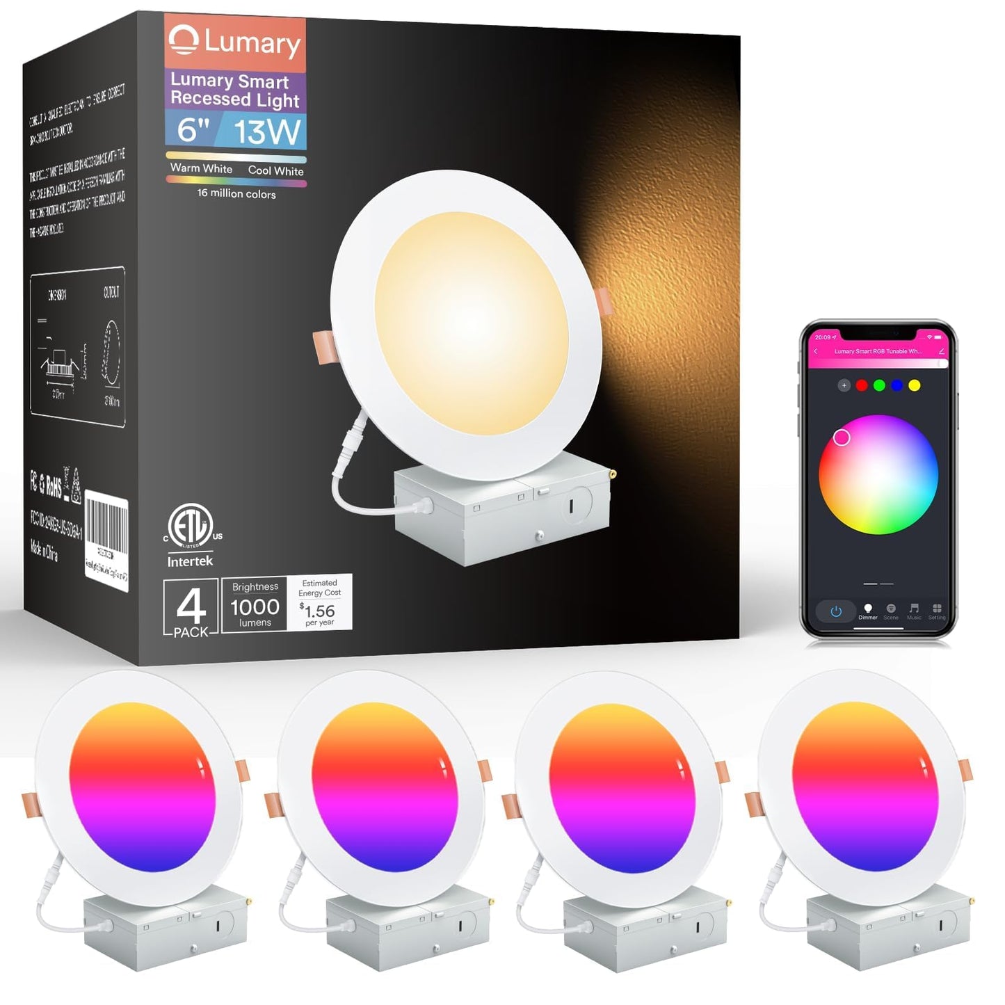 Lumary Smart Recessed Lighting 6 Inch, Canless LED Recessed Lights 13W 1000LM, Color Changing LED Downlight with J-Box, Compatib
