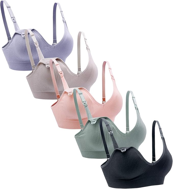 Suekaphin Nursing Bra 5pack Wireless V Neck Maternity Nursing Bra Bralette Low Cut Sleeping Breastfeeding with Extenders