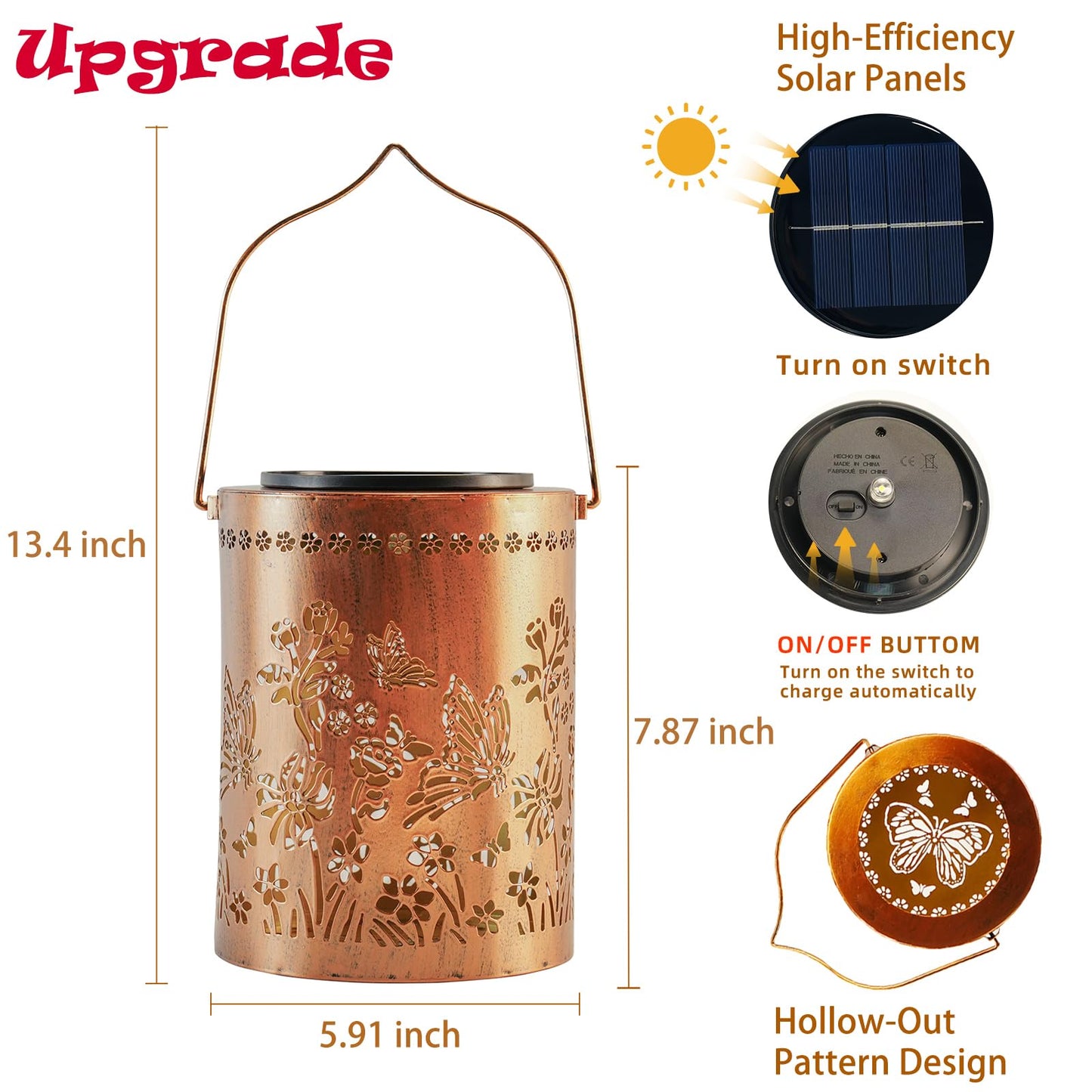 Kelvinlux Solar Lantern - 13.4 Waterproof Metal Hanging Lights, Warm White, 2000Mah Battery - Perfect For Garden, Yard, Patio, Porch Decor