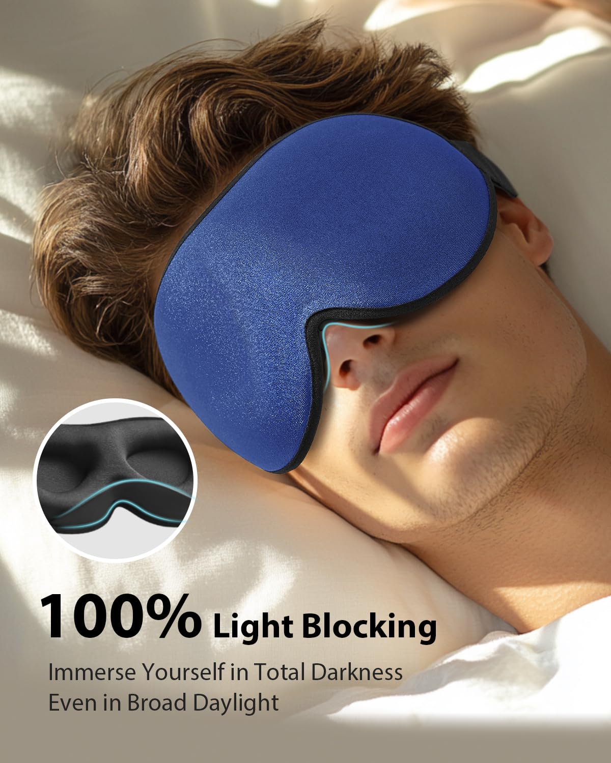 MABAO Weighted Sleep Mask - 100% Blackout Eye Mask for Sleeping for Women Men, 3D Contoured for Lash Extension, Zero Eye Pressure Memory Foam Cover, Soft Gentle Pressure Blindfold for Travel - Blue