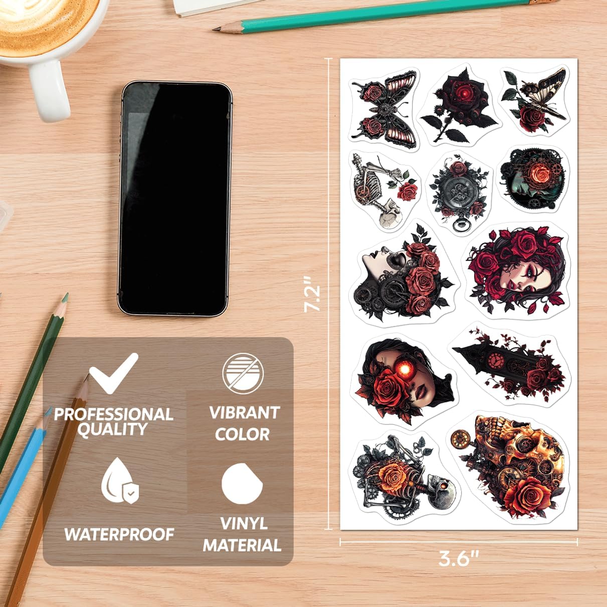 Gothic Steampunk Skeleton Rose Stickers Pack 108Pcs Vinyl Skull Clockwork Butterfly for Laptops Water Bottles Journals DIY Crafts Halloween Decor Car Hat Phone