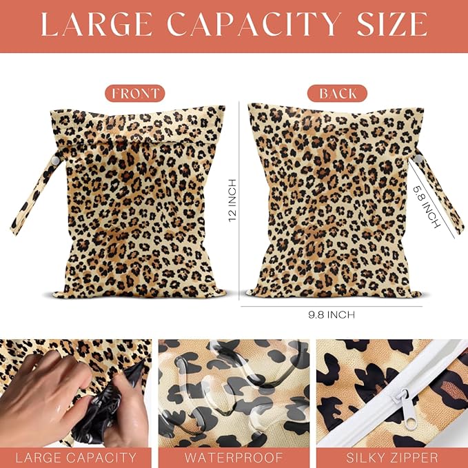 4 Pack Colorful Leopard Print Wet Bag Waterproof Washable Reusable Wet Dry Bag for Swimsuit Dirty Clothes Diaper Travel Beach Pool Yoga Gym Travel Birthday Party Camping Toiletries Beach Essentials