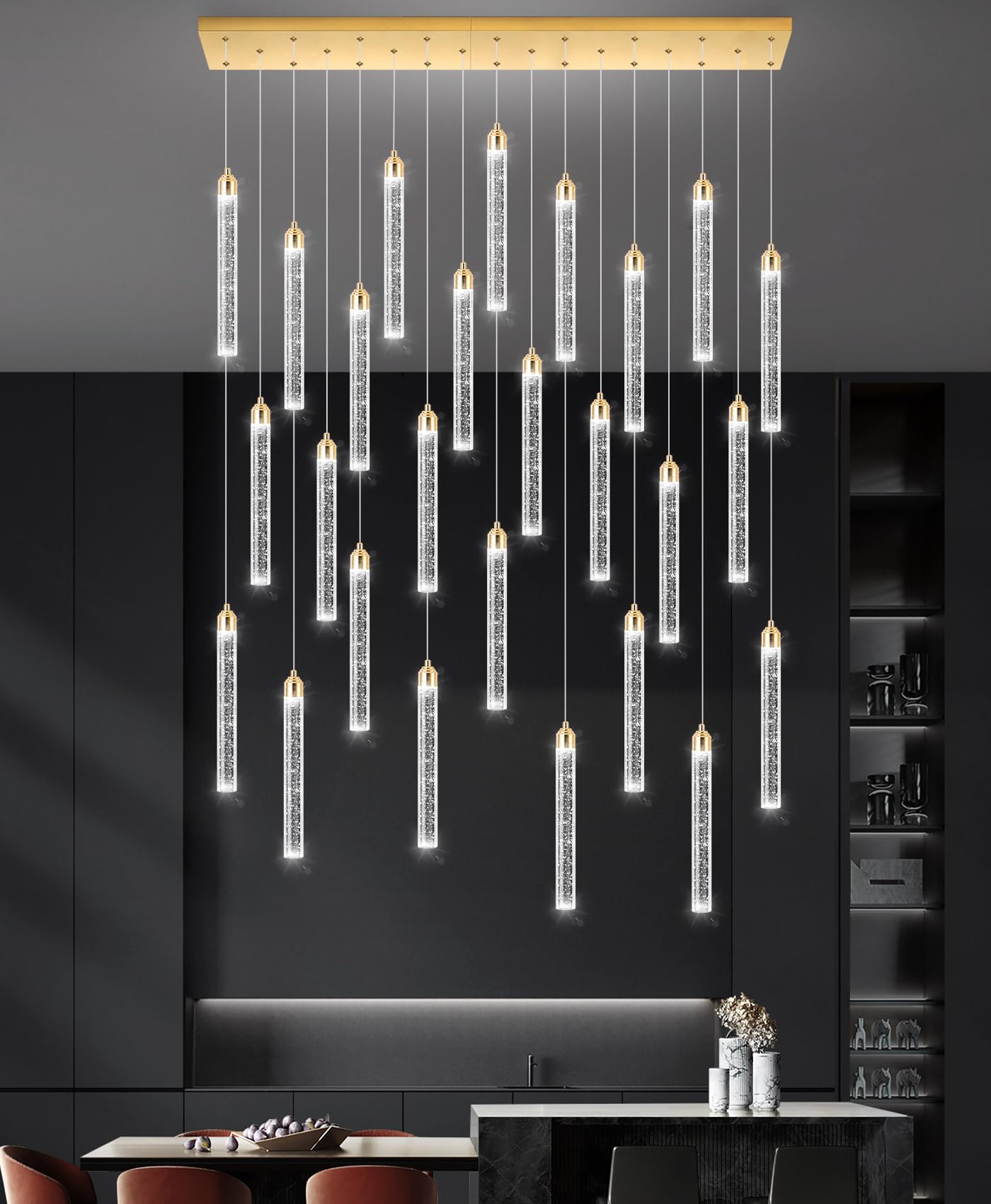 Rectangular Chandeliers 26-Lights Long Light For Entryway Led Dimmable Chandeliers Lighting Fixture Flat Sloped High Ceiling Pendant Lights Crystal For Living Room Foyer Hallway Staircase Gold