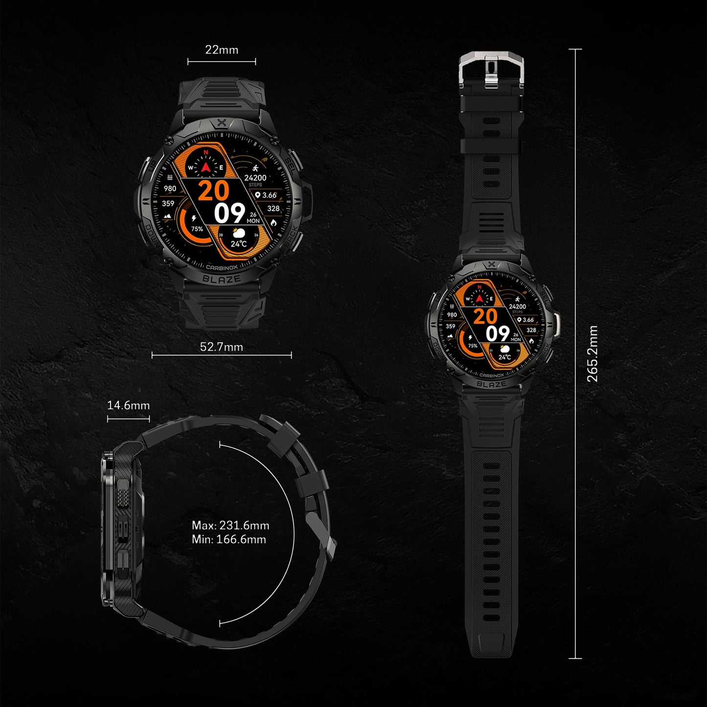 CARBINOX Blaze Smart Watch with Charger GPS, Rugged Fitness Tracker Waterproof IP69K, Compatible with Android and iOS, 170+ Sports Modes, Gorilla Glass Screen, Make/Receive Calls (Round)