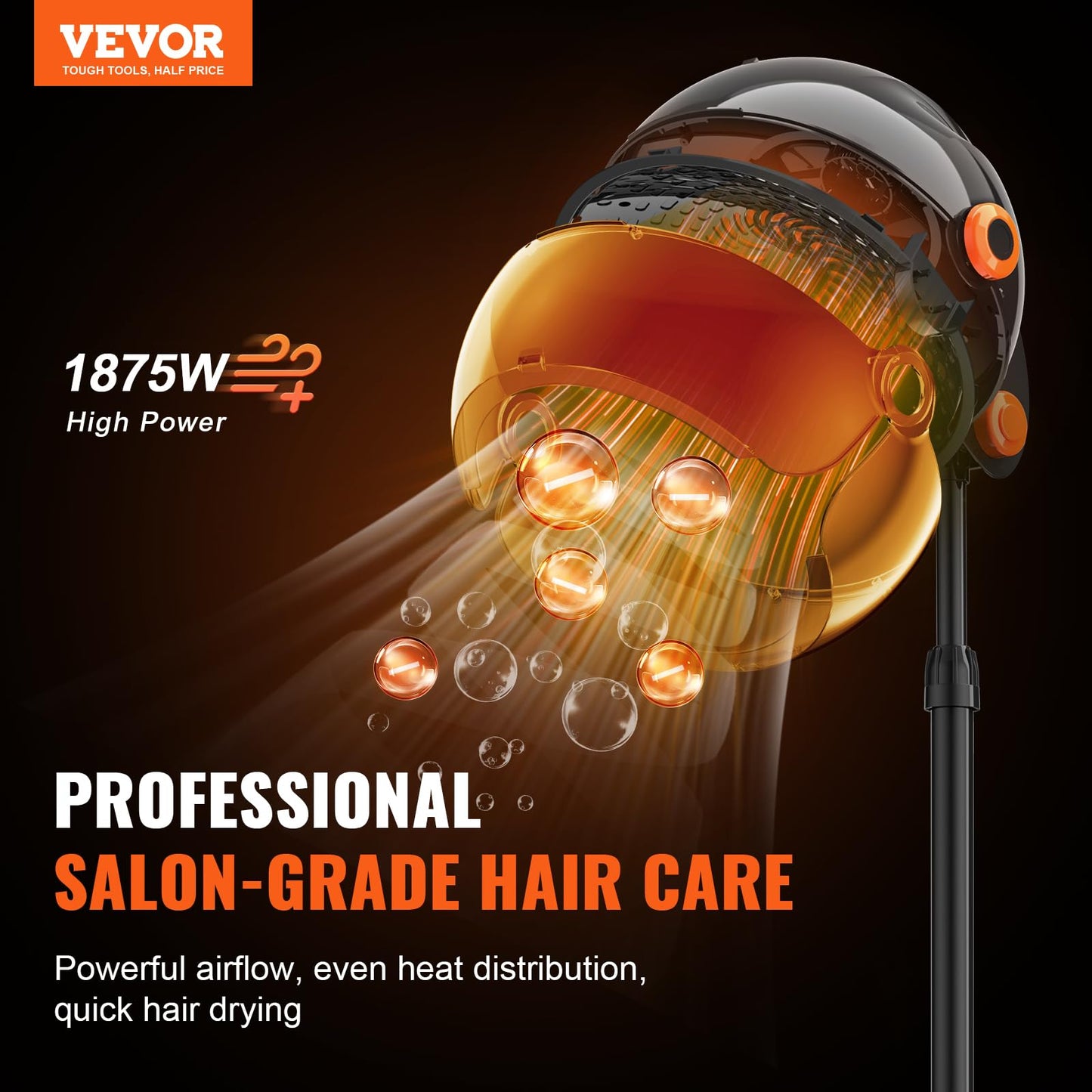 VEVOR Ionic Hooded Hair Dryer with Variable Speed & Temperature Adjustment, 1875W, Sit Under Hair Dryer with Timer for Beauty Sa