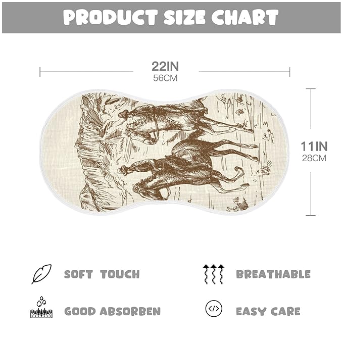Muslin Baby Burp Cloths Set of 2, Soft Absorbent Western Desert Cowboy Muslin Washcloths, Bibs, Face Towel for Newborn Boys Girls, 22 x 11 Inch
