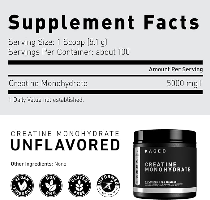 Kaged Creatine Monohydrate Micronized Powder, 100 Servings, Unflavored, Muscle Recovery and Growth Supplement for Men & Women, Vegan, Easily Digestible, Gluten Free, Keto Friendly