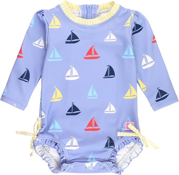 RuffleButts Baby Girls UPF 50+ Sun Protection Novelty Print Long Sleeve One Piece Rash Guard Swimsuit with Zipper
